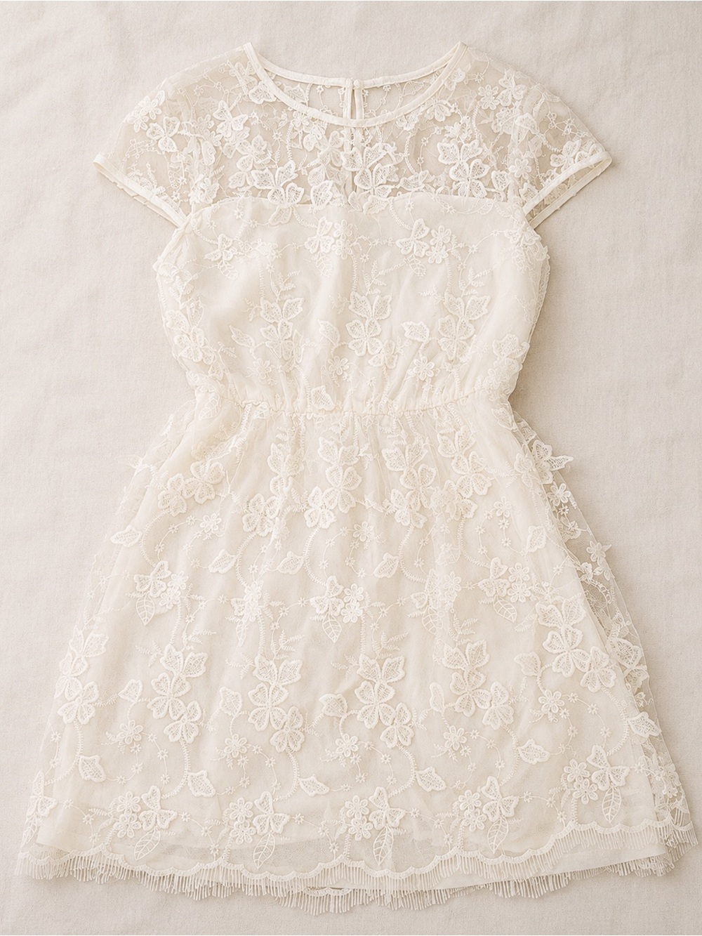 Elegant Ivory Lace Short-Sleeve Dress